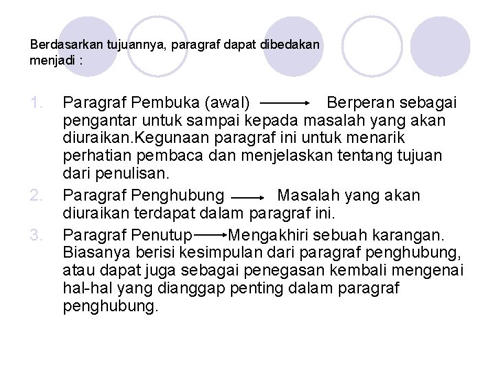 Berdasarkan tujuannya, paragraf dapat dibedakan menjadi : 1. 2. 3. Paragraf Pembuka (awal) Berperan