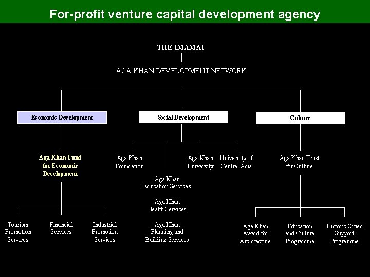 For-profit venture capital development agency THE IMAMAT AGA KHAN DEVELOPMENT NETWORK Social Development Economic