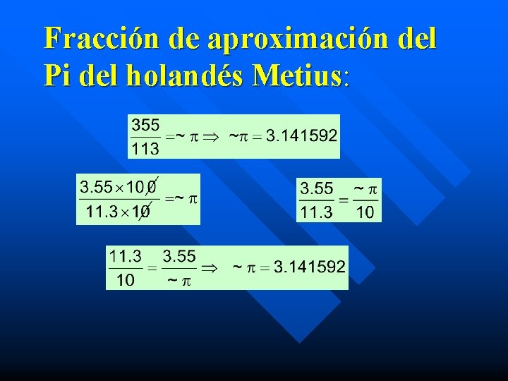  Fracción de aproximación del Pi del holandés Metius: 