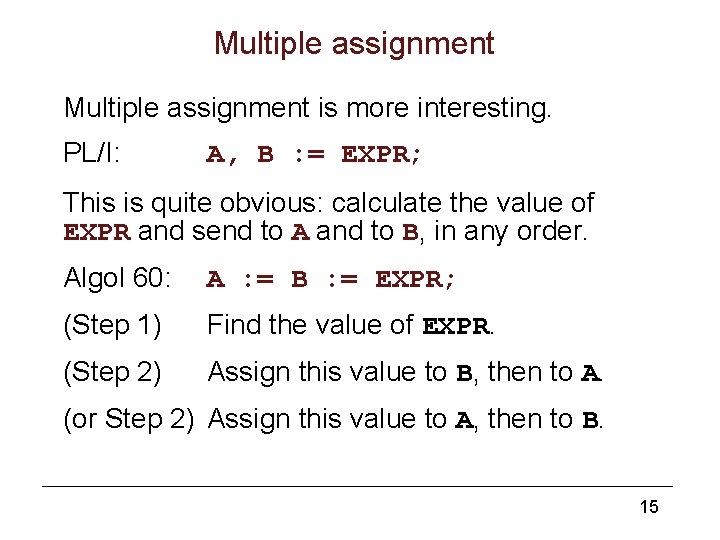 Multiple assignment is more interesting. PL/I: A, B : = EXPR; This is quite