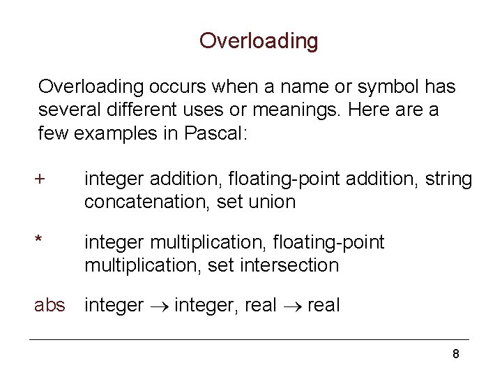 Overloading occurs when a name or symbol has several different uses or meanings. Here