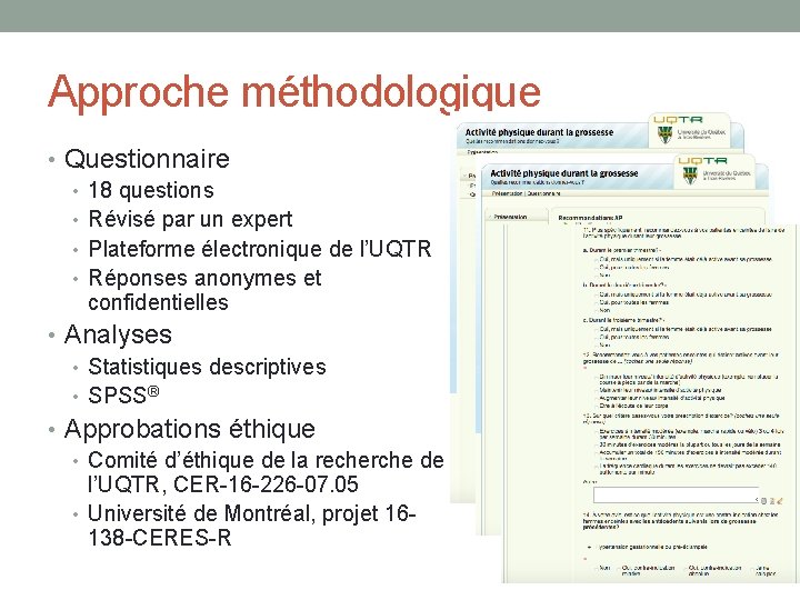 Approche méthodologique • Questionnaire • 18 questions • Révisé par un expert • Plateforme