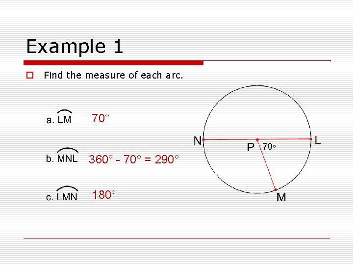 Example 1 o Find the measure of each arc. 70° 360° - 70° =