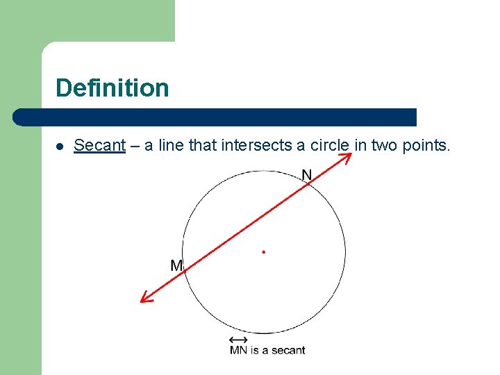 Definition l Secant – a line that intersects a circle in two points. 