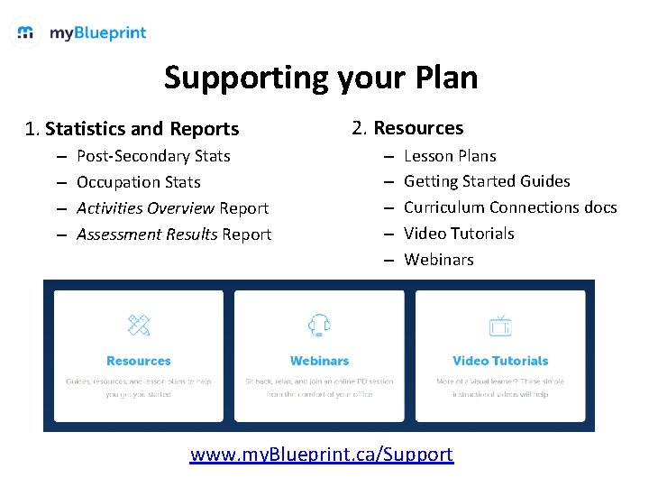 Supporting your Plan 1. Statistics and Reports – – Post-Secondary Stats Occupation Stats Activities Supporting your Plan 1. Statistics and Reports – – Post-Secondary Stats Occupation Stats Activities