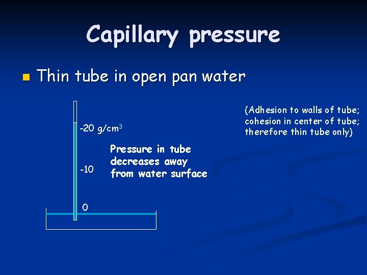 Capillary pressure n Thin tube in open pan water -20 g/cm 3 -10 0