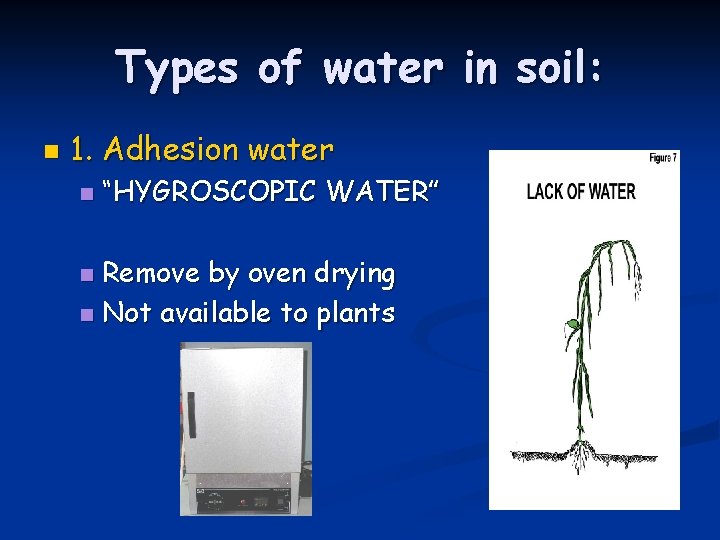 Types of water in soil: n 1. Adhesion water n “HYGROSCOPIC WATER” Remove by