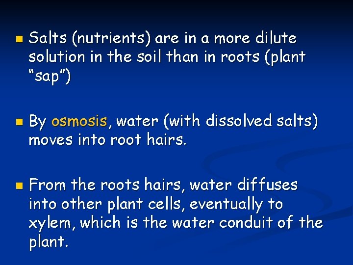 n n n Salts (nutrients) are in a more dilute solution in the soil