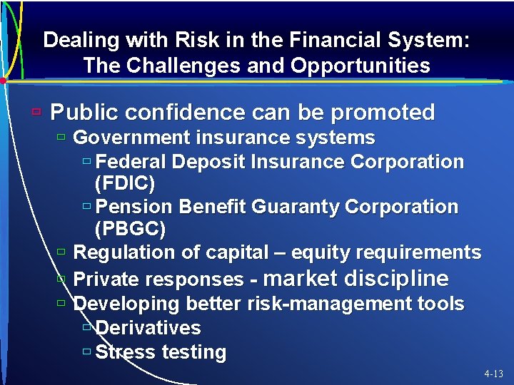 Dealing with Risk in the Financial System: The Challenges and Opportunities ù Public confidence