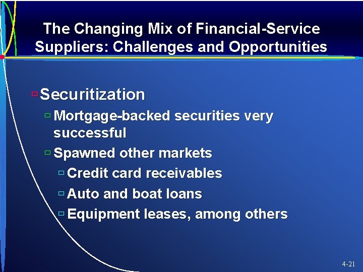 The Changing Mix of Financial-Service Suppliers: Challenges and Opportunities ù Securitization ù Mortgage-backed securities
