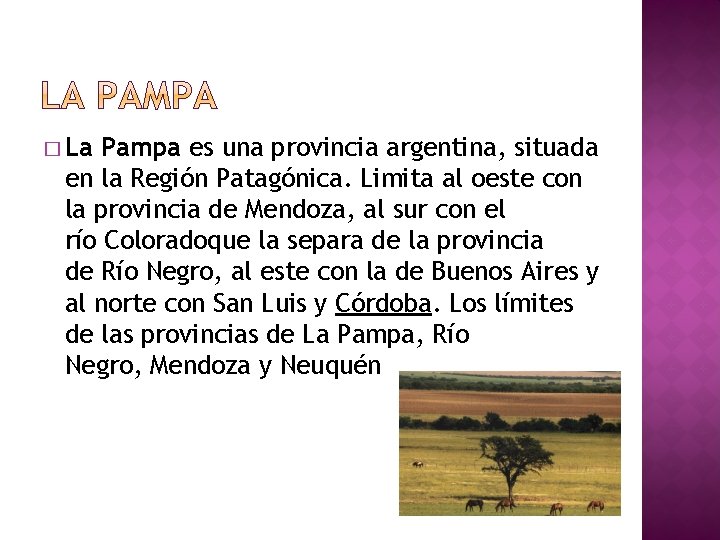 � La Pampa es una provincia argentina, situada en la Región Patagónica. Limita al