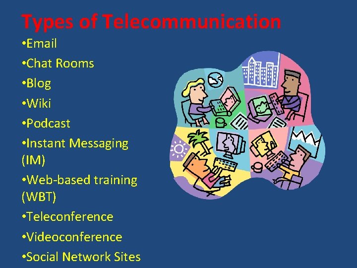 Types of Telecommunication • Email • Chat Rooms • Blog • Wiki • Podcast