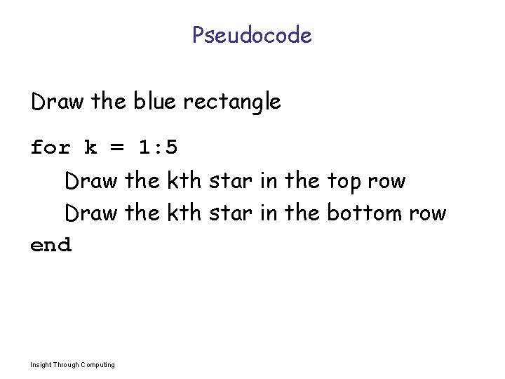 Pseudocode Draw the blue rectangle for k = 1: 5 Draw the kth star