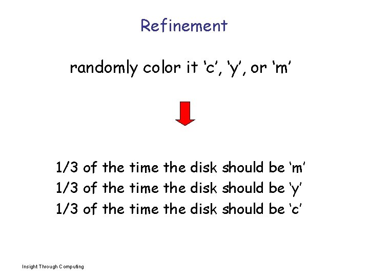 Refinement randomly color it ‘c’, ‘y’, or ‘m’ 1/3 of the time the disk