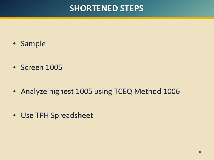 2 1 SHORTENED STEPS • Sample • Screen 1005 • Analyze highest 1005 using 2 1 SHORTENED STEPS • Sample • Screen 1005 • Analyze highest 1005 using