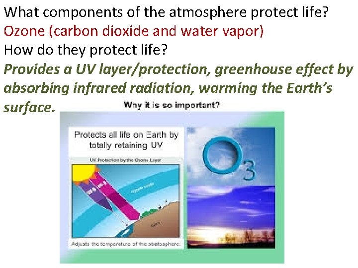 What components of the atmosphere protect life? Ozone (carbon dioxide and water vapor) How