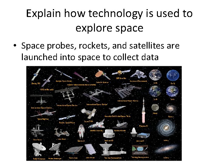 Explain how technology is used to explore space • Space probes, rockets, and satellites