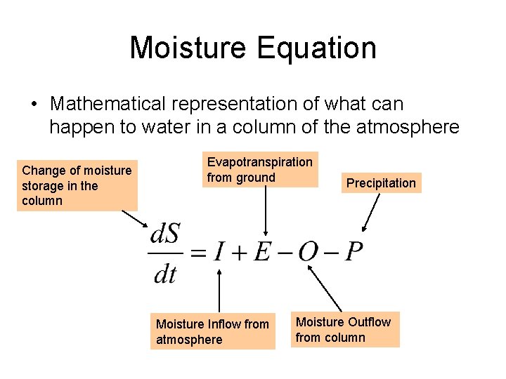 Moisture Equation • Mathematical representation of what can happen to water in a column