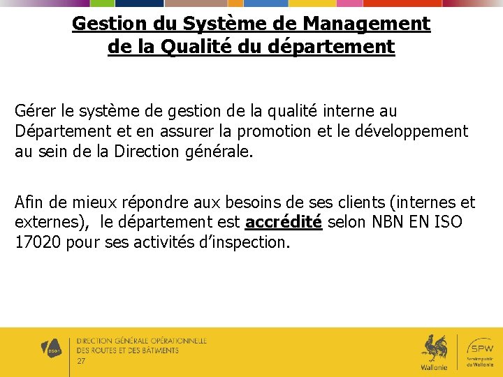 Gestion du Système de Management de la Qualité du département Gérer le système de