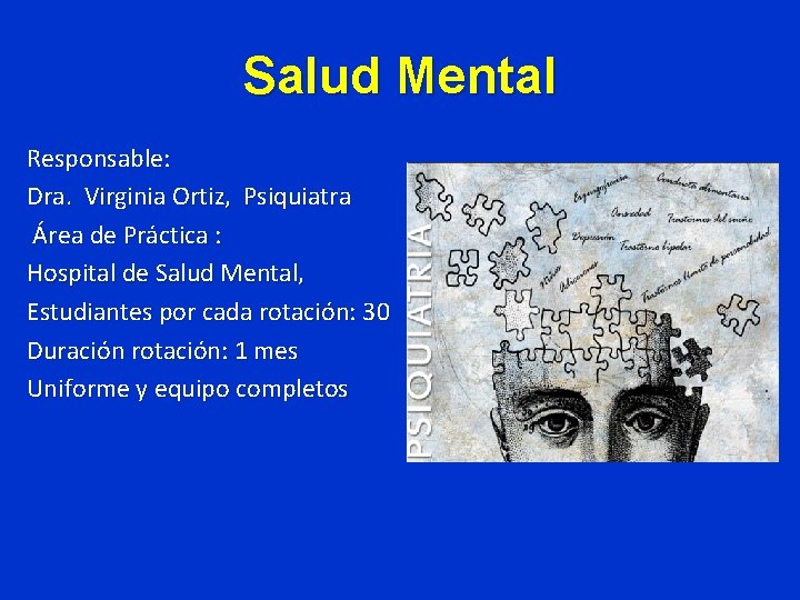 Salud Mental Responsable: Dra. Virginia Ortiz, Psiquiatra Área de Práctica : Hospital de Salud