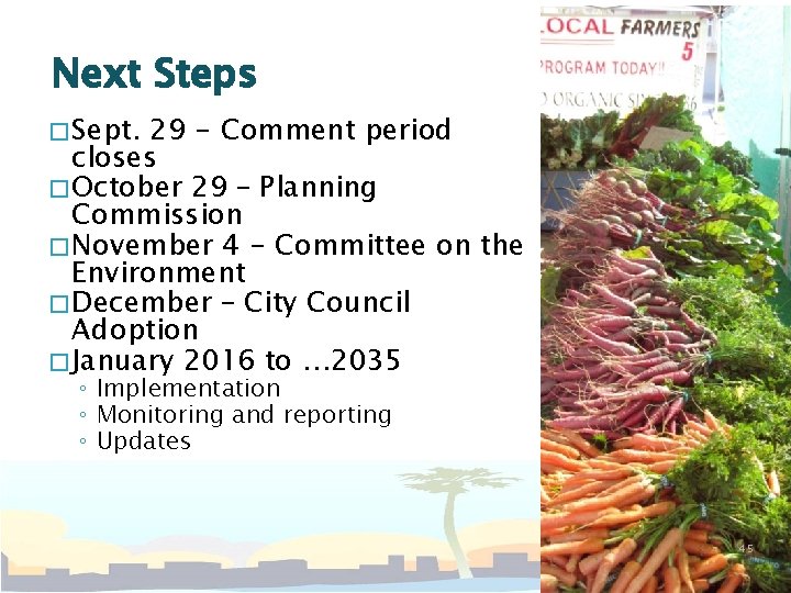 Next Steps �Sept. 29 - Comment period closes �October 29 – Planning Commission �November