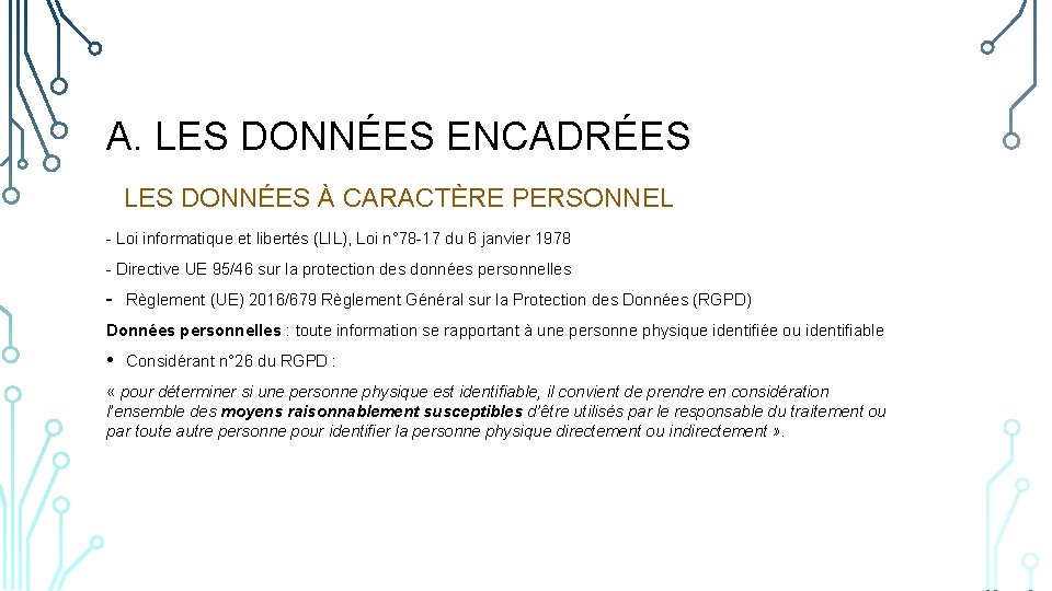 A. LES DONNÉES ENCADRÉES LES DONNÉES À CARACTÈRE PERSONNEL - Loi informatique et libertés