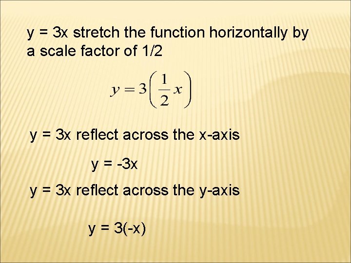 y = 3 x stretch the function horizontally by a scale factor of 1/2