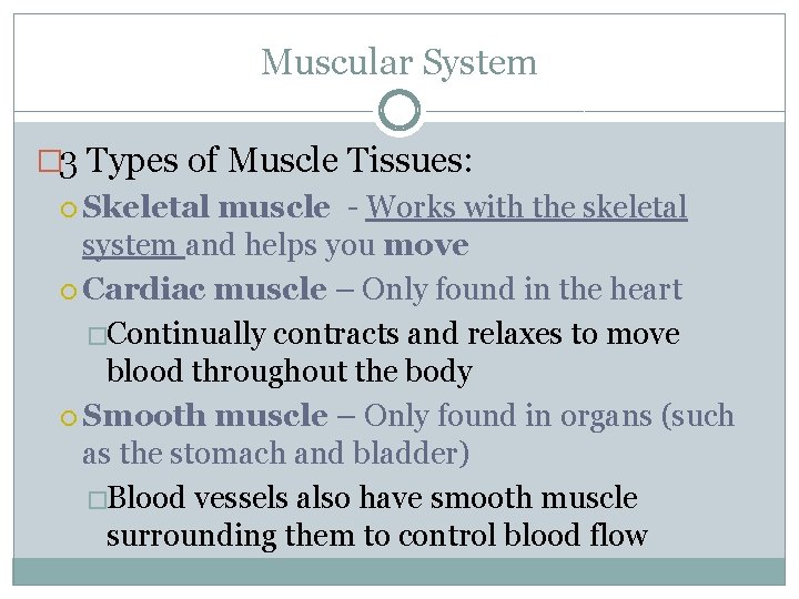 Muscular System � 3 Types of Muscle Tissues: Skeletal muscle - Works with the