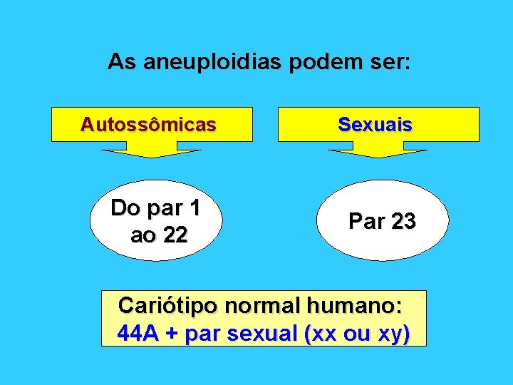 As aneuploidias podem ser: Autossômicas Do par 1 ao 22 Sexuais Par 23 Cariótipo