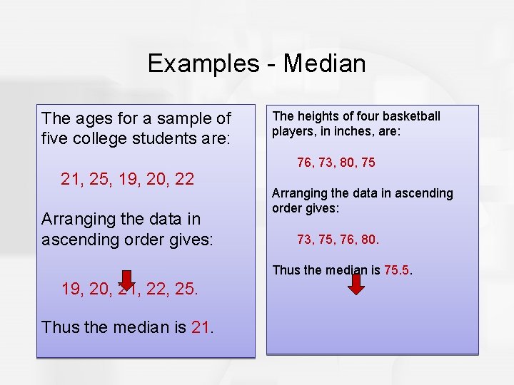 Examples - Median The ages for a sample of five college students are: 21,