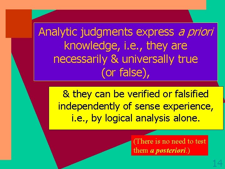 Analytic judgments express a priori knowledge, i. e. , they are necessarily & universally