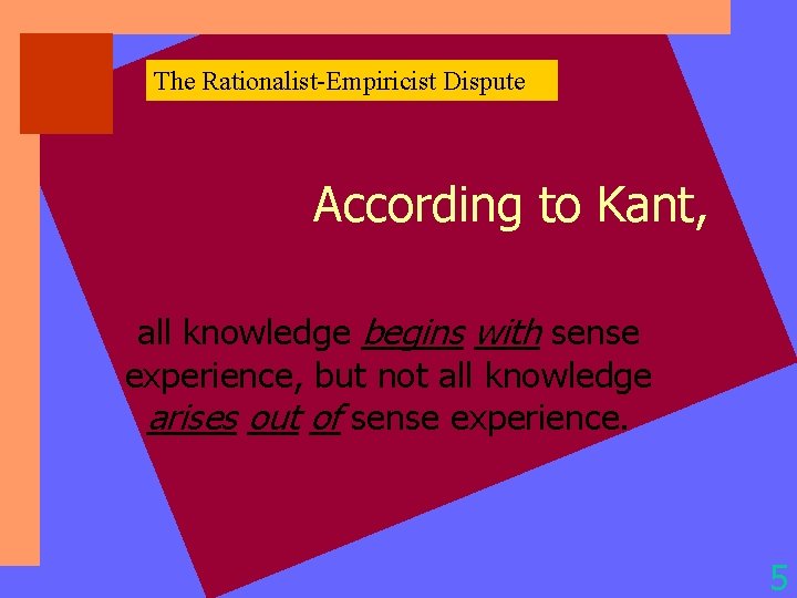 The Rationalist-Empiricist Dispute According to Kant, all knowledge begins with sense experience, but not