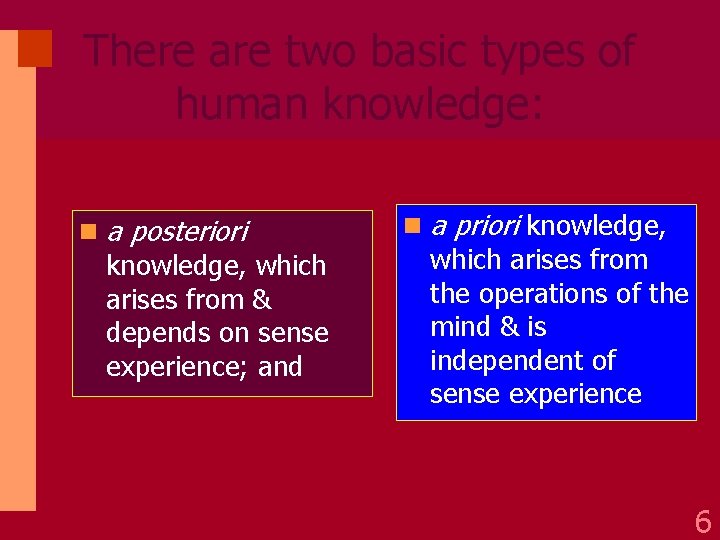 There are two basic types of human knowledge: n a posteriori knowledge, which arises