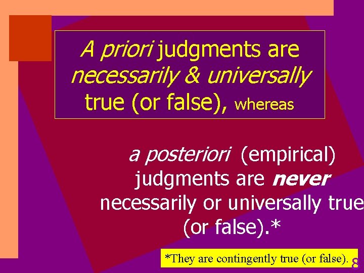 A priori judgments are necessarily & universally true (or false), whereas a posteriori (empirical)