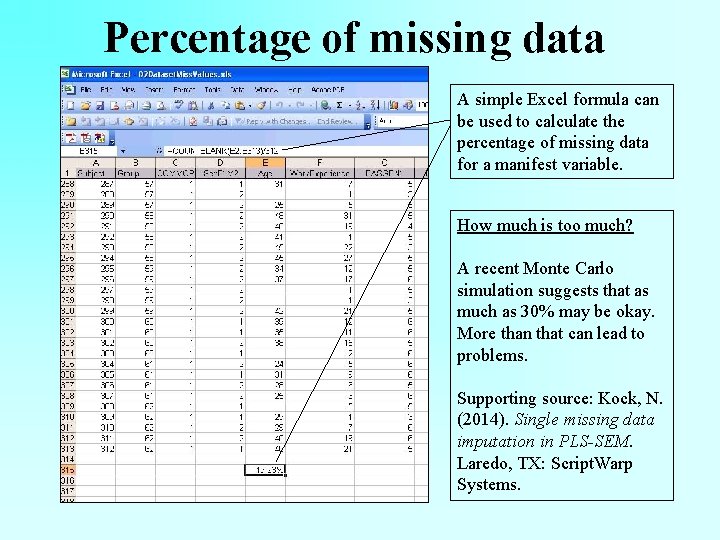 Percentage of missing data A simple Excel formula can be used to calculate the