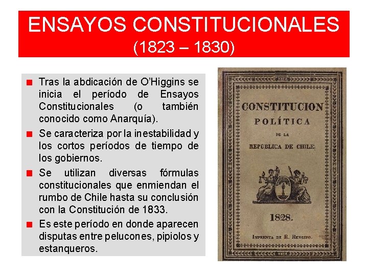 ENSAYOS CONSTITUCIONALES (1823 – 1830) Tras la abdicación de O’Higgins se inicia el período ENSAYOS CONSTITUCIONALES (1823 – 1830) Tras la abdicación de O’Higgins se inicia el período