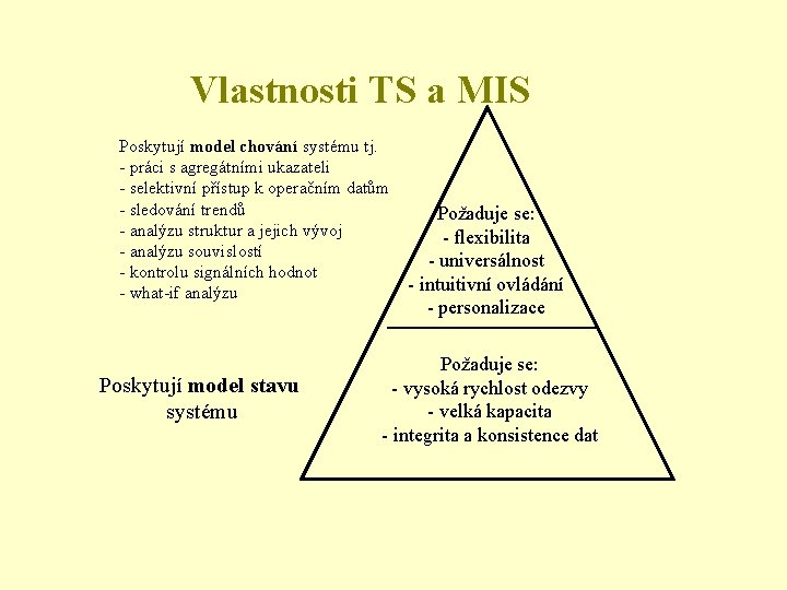 Vlastnosti TS a MIS Poskytují model chování systému tj. - práci s agregátními ukazateli