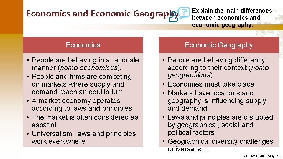 Economics and Economic Geography Explain the main differences between economics and economic geography. Economics