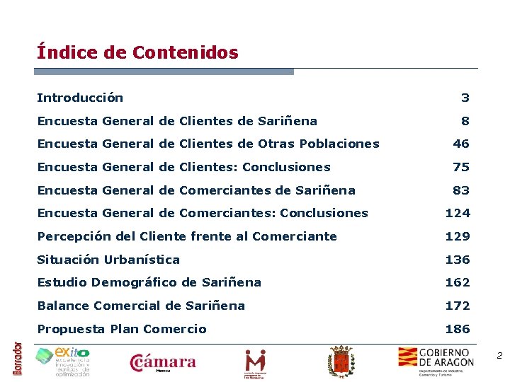 Índice de Contenidos Introducción 3 Encuesta General de Clientes de Sariñena 8 Encuesta General