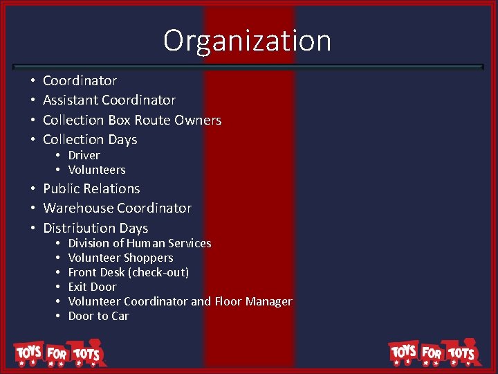 Organization • • Coordinator Assistant Coordinator Collection Box Route Owners Collection Days • •