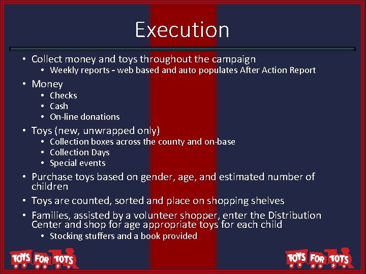 Execution • Collect money and toys throughout the campaign • Weekly reports – web