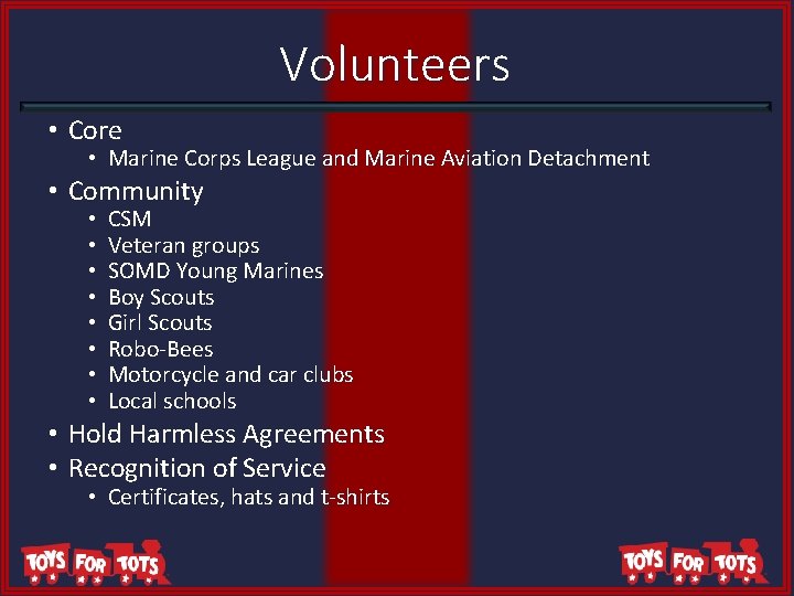 Volunteers • Core • Marine Corps League and Marine Aviation Detachment • Community •