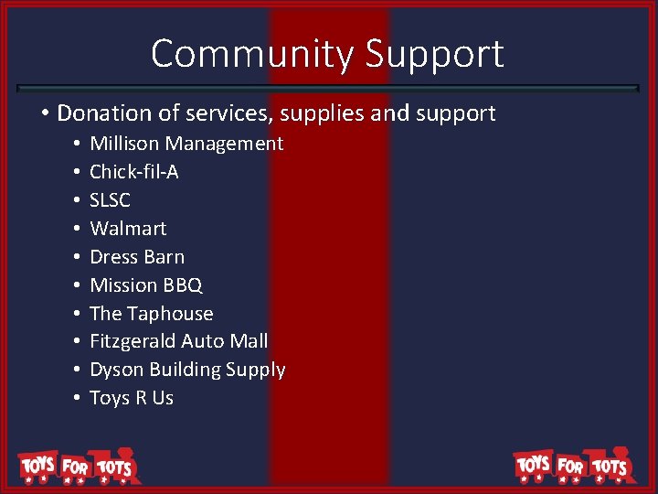 Community Support • Donation of services, supplies and support • • • Millison Management