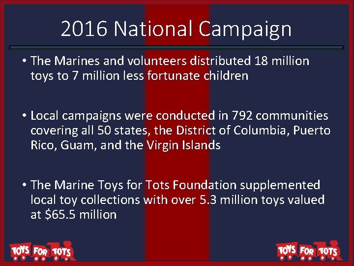2016 National Campaign • The Marines and volunteers distributed 18 million toys to 7