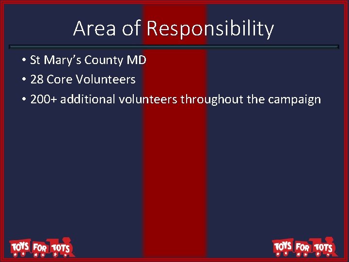 Area of Responsibility • St Mary’s County MD • 28 Core Volunteers • 200+