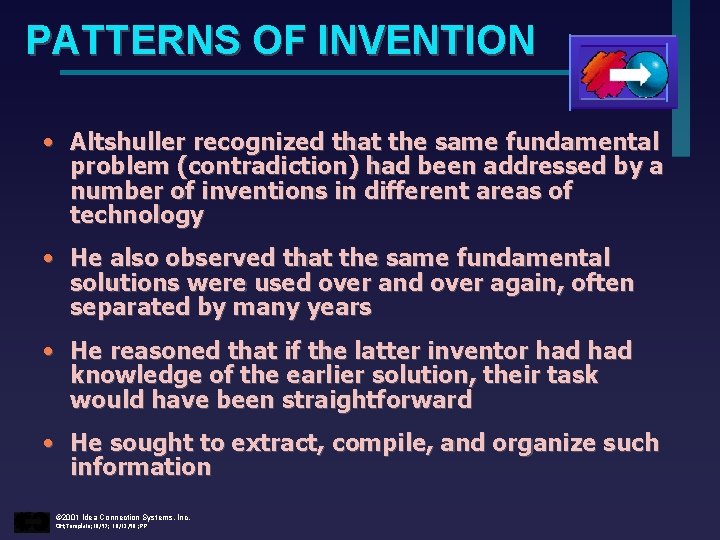 PATTERNS OF INVENTION • Altshuller recognized that the same fundamental problem (contradiction) had been
