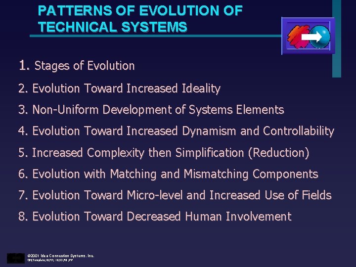PATTERNS OF EVOLUTION OF TECHNICAL SYSTEMS 1. Stages of Evolution 2. Evolution Toward Increased