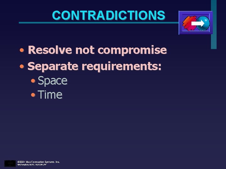 CONTRADICTIONS • Resolve not compromise • Separate requirements: • Space • Time © 2001