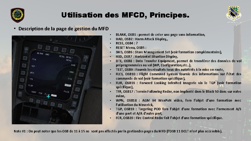 Utilisation des MFCD, Principes. • Description de la page de gestion du MFD •