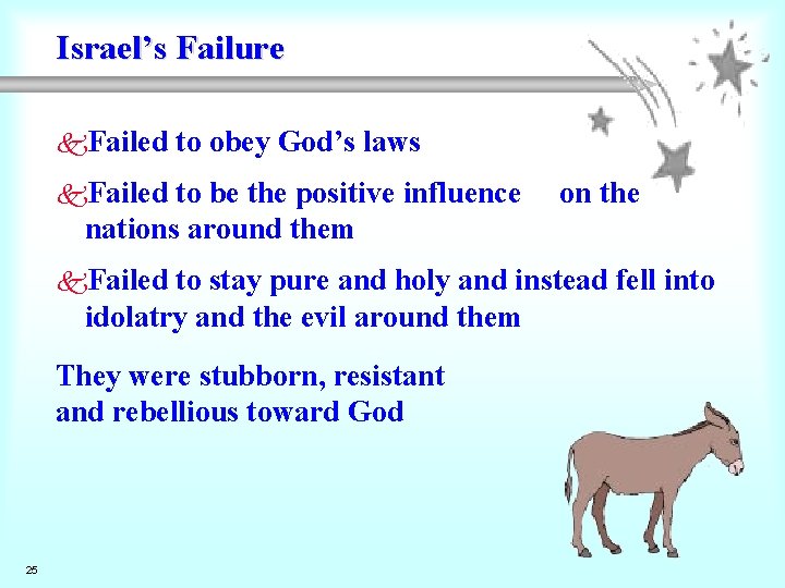 Israel’s Failure k. Failed to obey God’s laws k. Failed to be the positive